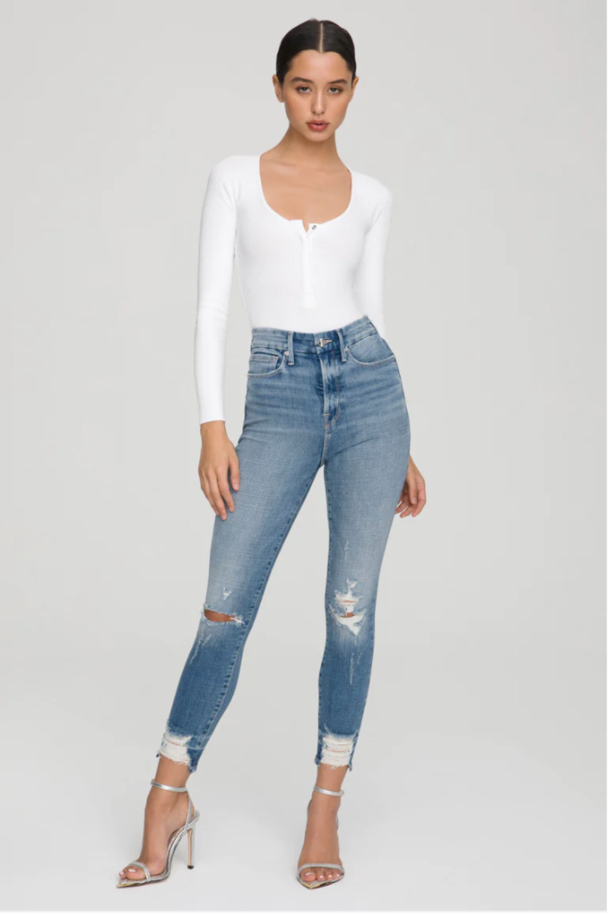 GOOD AMERICAN NWT Good Waist Crop Denim Jean in Blue634 // 0